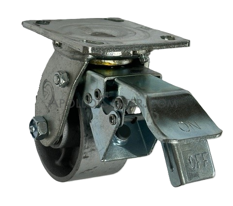 (image for) Caster; Swivel; 8" x 2"; Cast Iron; Plate; 4"x4-1/2"; holes: 2-5/8"x3-5/8" slots to 3"x3"; 3/8" bolt; Zinc; Roller Brng; 1250#; Total Lock (Leading) (Item #66027)