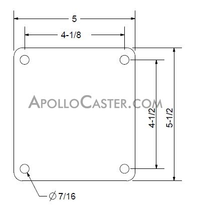 (image for) Caster; Swivel; 5 x 2; PolyU on Alum; Plate; 5"x5-1/2"; hole spacing: 4-1/8x4-1/2; 7/16 bolt; Zinc; Roller Brng; 900# (Item #68854)