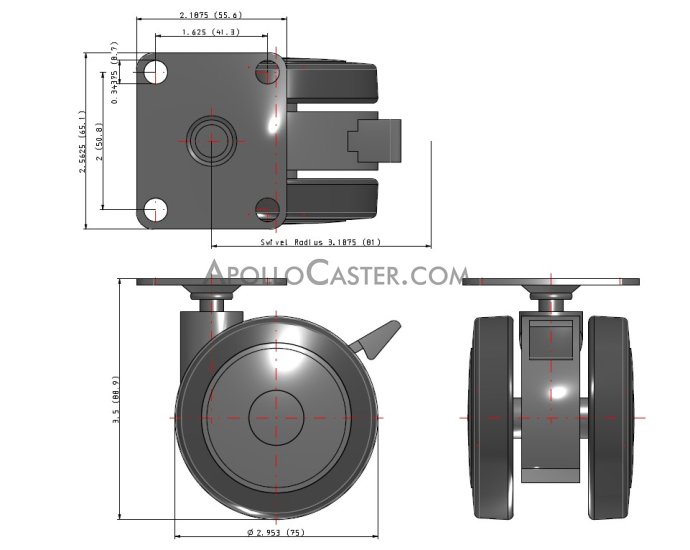 (image for) Caster; Twin; Swivel; 3" (75mm); Thermoplastized Rubber (Gray); Plate; 2-3/16"x2-9/16"; holes: 1-5/8"x2"; 5/16" bolt; Black; Riveted Steel; 165#; Wheel Brake (Item #67814)
