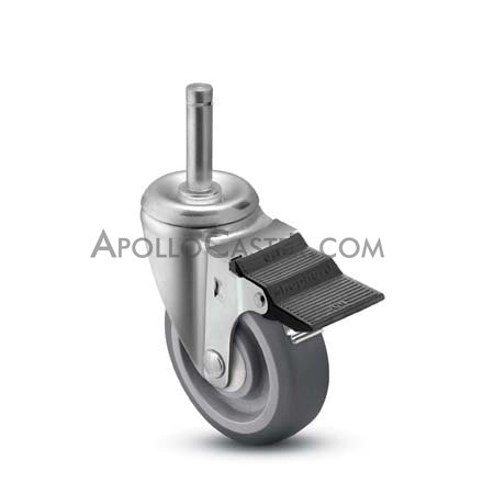 (image for) Caster; Swivel; 3" x 1-1/4"; PolyU on PolyO (Gray); Grip Ring (7/16" x 1-1/4"); Zinc; Twin Ball Bearings; 250#; Dust Cover (Mtl); Pedal Brake (Item #64038)