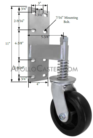 (image for) Spring Loaded Gate Swivel Caster; 6" x 2"; Polyolefin; Bracket (11"x4"; 8 holes 1-3/4" (slotted to 3") x 9-1/2"; 7/16" bolt); Zinc; Roller Brng; 700# (Item #65444) - Click Image to Close