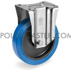 (image for) Caster; Rigid; 5" x 1-1/2"; Elastic Rubber Wheel (Blue); Plate (85mm x 100mm: holes: 60mmx80mm; 9mm bolt); Galv Steel Yoke; Ball Brng; 440# (Item #64365)