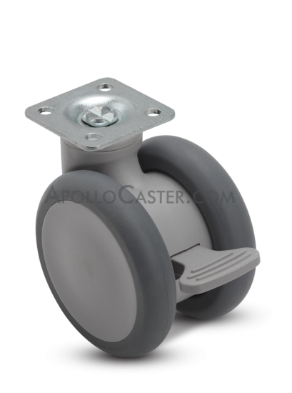 (image for) Caster; Twin Wheel; Swivel; 65mm; Thermoplastized Rubber (Gray); Plate (1-1/2" x 1-1/2"; holes: 1" x 1"; 3/16" bolt);Riveted Axle; 110#; Pedal Brake (Item #65400)