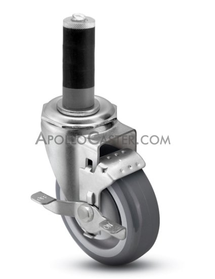 (image for) Caster; Swivel; 4" x 1-1/4"; PolyU on PolyO (Gray); Expandable Adapter (0.72" - 0.85" for 3/4" ID tubing); Zinc; Precision Ball Brng; 300#; Dust Cover; Brake (Item #63249)