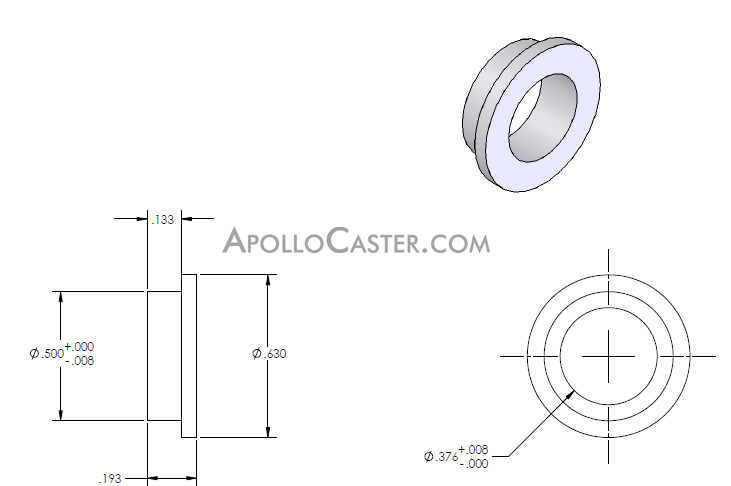(image for) Hollow Kingpin Bushing; Reduces kingpin opening from 1/2" to 3/8". Inserts 1/8" ; total length 3/16". Usually use 2 per caster: insert from underside and top. (Item #88405)