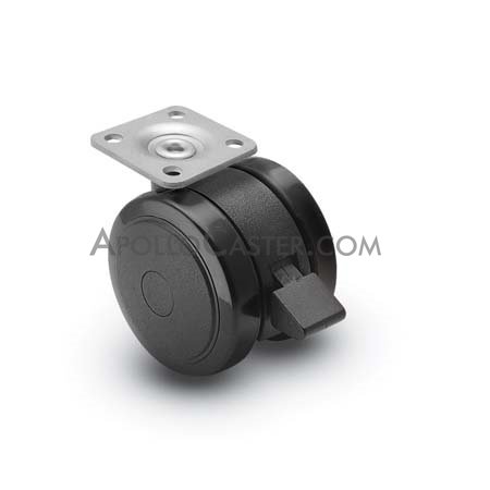 (image for) Caster; Twin; Swivel; 2in (50mm); Nylon; Top Plate; 1-1/2x1-1/2; hole spacing: 1x1; 3/16 bolt; Black; Rivet Brng; 75#; Pedal Lock; Wheel (Item #69307)