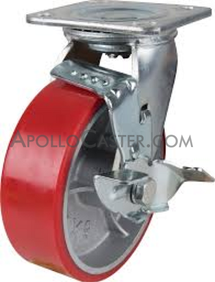 (image for) Caster; Swivel; 4" x 2"; PolyU (Red or Green) on Cast; Plate; 4"x4-1/2"; holes: 2-5/8"x3-5/8" (slots to 3"x3"); 3/8" bolt; Zinc; Roller Brng; 800#; Tread Brake (Item #66036)