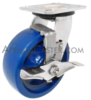 (image for) Caster; Swivel; 5" x 2"; Polyurethane; Plate (4"x4-1/2"; holes: 2-5/8"x3-5/8" slotted to 3"x3"; 3/8" bolt); Stainless; Delrin Bushing; 800#; Tread brake (Item #65256) - Click Image to Close