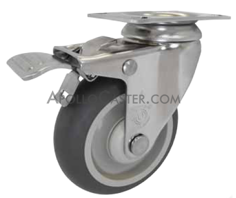 (image for) Caster; Swivel; 4" x 1-1/4"; TPR Rubber (Gray); Plate (2-3/8"x3-5/8"; holes: 1-3/4"x2-7/8" slotted to 3"; 5/16" bolt); Stainless; Delrin Spanner; 250#; Ttl Lock (Item #66260)