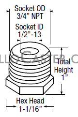 (image for) Socket; 1" O.D. x 1/2" I.D.; Steel; 3/4" NPT Thread; accepts 1/2" x 13TPI Threaded Stem casters; height 1" (See also item 87377 for Grip Ring stem casters) (Item #89452)