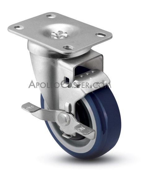 (image for) Caster; Swivel; 5" x 1-1/4"; PolyU on PolyO (Blue); Plate (2-5/8"x3-3/4"; holes: 1-3/4"x2-3/4" slotted to 3"; 5/16" bolt); Prec BB; 315#; Bearing Cover; Brake (Item #66148)