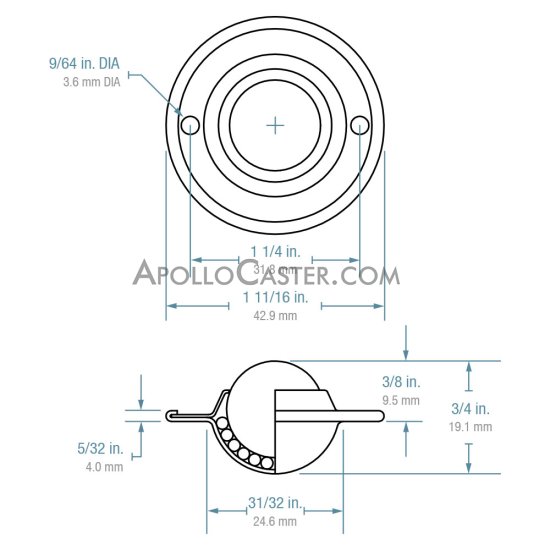 (image for) Ball Transfer; Low Profile; 5/8" Nylon ball; Flange (1-11/16" diameter; two 1/8" holes: 1-1/4" apart); Carbon Steel flange; 40#; 3/8" profile (Item #88814)