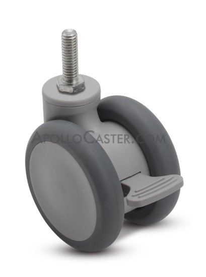 (image for) Caster; Twin Wheel; Swivel; 65mm; Thermoplastized Rubber (Gray); Threaded Stem (3/8"-16TPI x 3/4"); Gray; Riveted Axle; 110#; Wheel Brake (Item #65549)