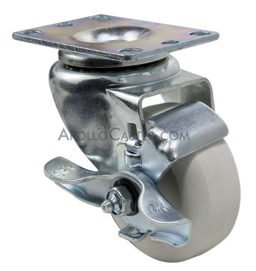 (image for) Caster; Swivel; 3" x 1-1/4"; Polyolefin (White); Plate (2-1/2"x3-5/8"; holes: 1-3/4"x2-7/8" slotted to 3"; 5/16" bolt); Zinc; Delrin Spanner; 200#; Brake (Item #64700)