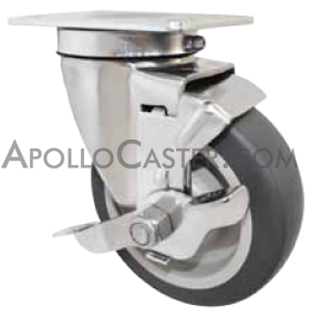 (image for) Caster; Swivel; 5x1-1/4; TPR Rubber (Gray); Plate; 2-3/8x3-5/8; holes: 1-3/4x2-7/8 (slotted to 3); 5/16 bolt; Prec BB; Brake; Thrd Grds; Dust Cvr; 300# (Item #67827)