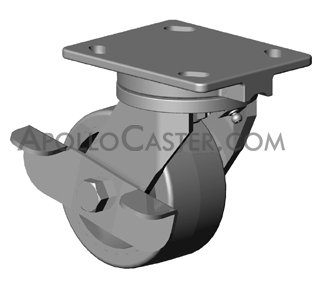 (image for) Caster; Swivel; 8" x 2"; Cast Iron; Top Plate (4"x4-1/2"; holes: 2-5/8"x3-5/8" slotted to 3"x3"; 3/8" bolt); Zinc; Roller Brng; 1600#; A-Cam Brake; Kingpinless (Item #65797)
