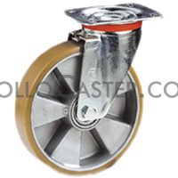 (image for) Caster; Swivel; 125mm x 35mm; PolyU on Alum (Orange); Top Plate (85mm x 100mm: holes: 60mmx80mm; 9mm bolt); Zinc; Ball Brng; 485#; Dust Cover (Plastic) (Item #66183) - Click Image to Close