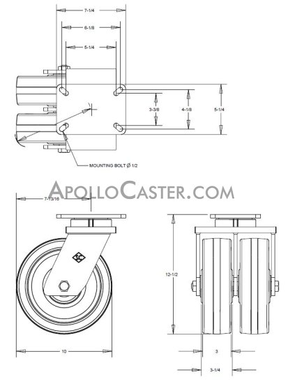 (image for) Caster; Swivel; 10" x Dual 3"; Phenolic; Plate (5-1/4"x7-1/4"; holes: 3-3/8"x5-1/4" slots to 4-1/8"x6-1/8"; 1/2" bolt); Roller Brng; 5800#; Kingpinless (Item #64362)