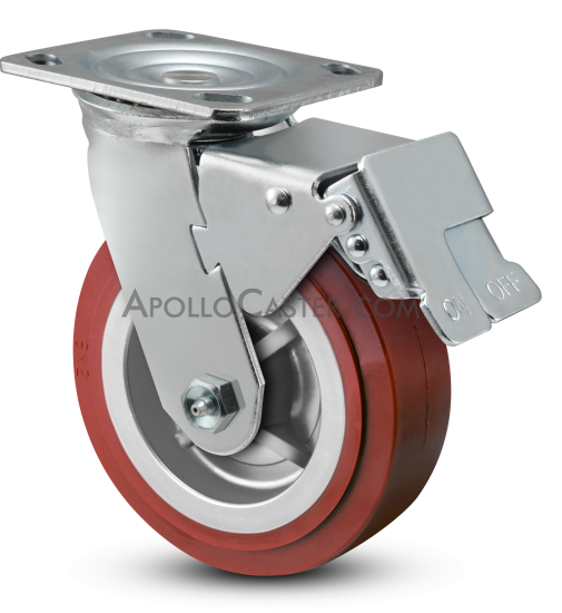 (image for) Caster; Swivel; 5" x 2"; Red PolyU on PolyO; Plate (4"x4-1/2"; holes: 2-5/8"x3-5/8" slotted to 3"x3"; 3/8" bolt); Stainless; Delrin Bushing; 750#; Total Lock (Item #66250)