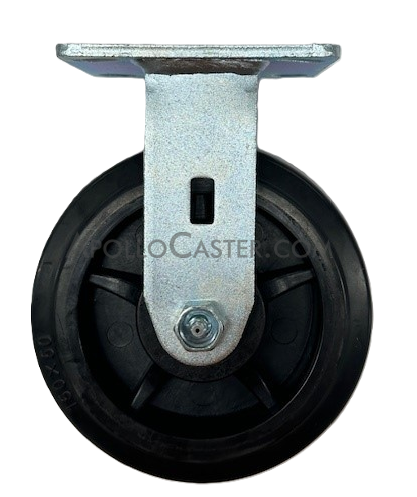 (image for) Caster; Rigid; 8" x 2"; Rubber on Nylon; Plate (4"x4-1/2"; holes: 2-5/8"x3-5/8" slotted to 3"x3"; 3/8" bolt); Zinc; Roller Brng; 600# (Item #64619)