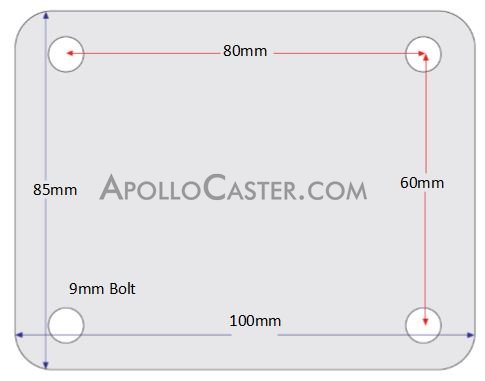 (image for) Caster; Swivel; 125mm x 35mm; PolyU on Alum (Orange); Plate (85mm x 100mm: holes: 60mmx80mm; 9mm bolt); Zinc; Ball Brng; 485#; Total Lock; Dust Cover (Plastic) (Item #66184)