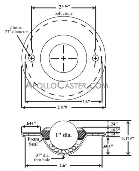 (image for) Ball Transfer; 1"; Stainless Steel; Flange; Round (2-7/8" diameter: two holes: 2-3/16" apart); Stainless; 125#; Load Height 5/8"; Recessed Depth 5/8" (Item #88081)