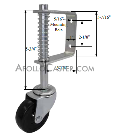 (image for) Spring Loaded Gate Caster; 3" x 1-3/4"; PolyU on PolyO (Gray); Bracket (2"x5-3/8"; holes 15/16"x3"); Ball Brng; 250# cap; Full 2" Spring deflection at 230#. (Item #65403) - Click Image to Close