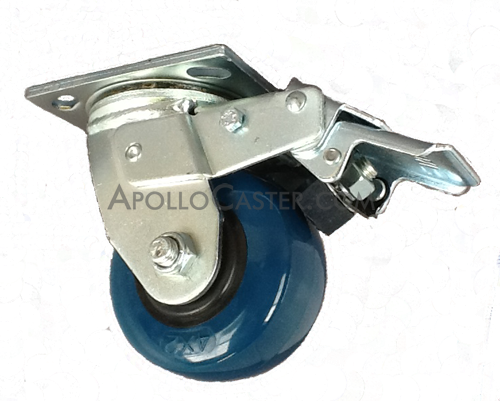 (image for) Caster; Swivel; 4" x 2"; PolyU on PolyO (Blue); Plate (4"x4-1/2"; holes: 2-5/8"x3-5/8" (slotted to 3"x3"); 3/8" bolt); Roller Brng; 500#; Total Lock (Trailing) (Item #66441)