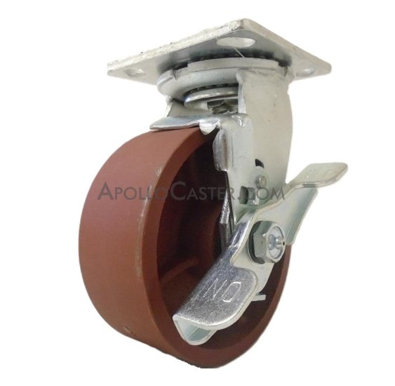(image for) Caster; Swivel; 5" x 2"; Ductile Steel; Plate; 4"x4-1/2"; holes: 2-5/8"x3-5/8" (slots to 3"x3"); 3/8" bolt; Zinc; Roller Brng; 1250#; Wheel Brake (Item #67648) - Click Image to Close