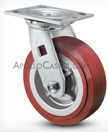 (image for) Caster; Swivel; 4" x 2"; PolyU on PolyO (Red); Top Plate (4"x4-1/2"; holes: 2-5/8"x3-5/8" slotted to 3"x3"; 3/8" bolt); Stainless; Stainless Roller Bearing (Item #67267)