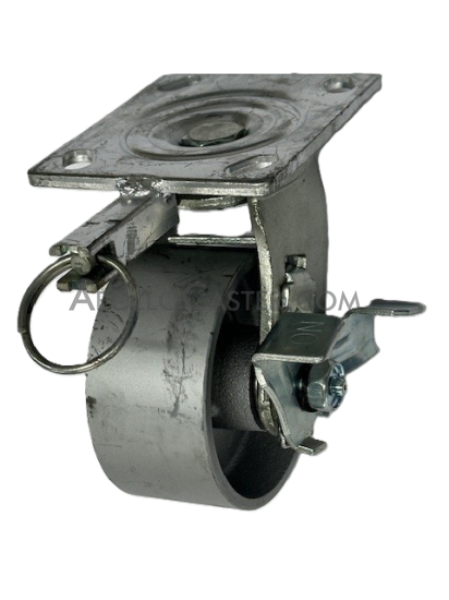 (image for) Caster; Swivel; 4 x 2; Cast Iron; Plate; 4x4-1/2; holes: 2-5/8x3-5/8 (slotted to 3x3); 3/8 bolt; Zinc; Roller Brng; 900#; Position Lock; Top lck brk (Item #69199)