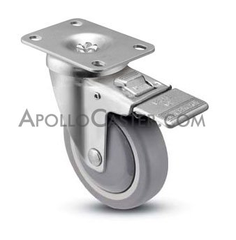 (image for) Caster; Swivel; 5" x 1-1/4"; TPR Rbr (Gray); Plate (2-3/8"x3-5/8"; holes: 1-3/4"x2-7/8" slots to 3"; 5/16" bolt); Zinc; 300#; Plastic Dust Cover; Swivel Lock (Item #63337)