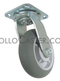 (image for) Caster; Swivel; 4" x 2"; ThermoPlastic Rubber Donut (Gray); Plate (4"x4-1/2"; holes: 2-5/8"x3-5/8" slotted to 3"x3"; 3/8" bolt); Stainless; Delrin Spanner; 350# (Item #64616)