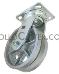 (image for) Caster; Swivel; 6" x 2"; Steel; V-Groove; Plate; 4"x4-1/2"; holes: 2-5/8"x3-5/8" (slotted to 3"x3"); 3/8" bolt; Zinc; Roller Brng; 900#; Tread Brake (Item #69293) - Click Image to Close
