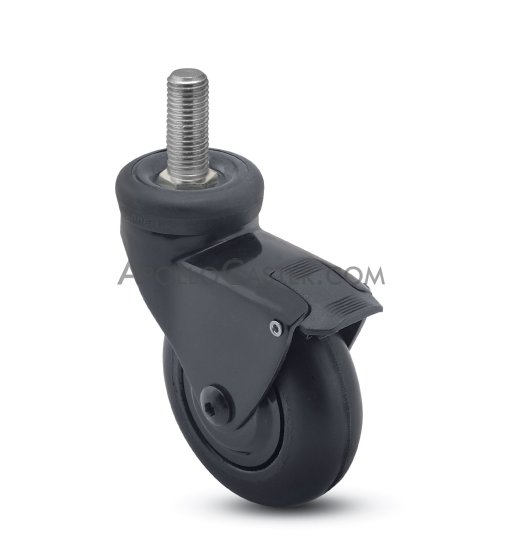 (image for) Caster; Swivel; 3" x 15/16"; Rubber (Soft; non-marking); Threaded Stem (3/8"-16TPI x 3/4"); Black; Precision Ball Brng; 110#; Tread brake; Hood; Thread guards (Item #67107) - Click Image to Close