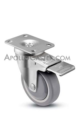 (image for) Caster; Swivel; 3" x 1-1/4"; PolyU on PolyO (Gray); Plate (2-5/8"x3-3/4"; holes: 1-3/4"x2-3/4" slotted to 3"; 5/16" bolt); Prec Ball Brng; 250#;Total Lock Brk (Item #65979)