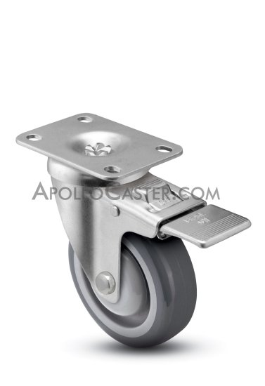 (image for) Caster; Swivel; 6"x1-1/4"; PolyU on PolyO (Gray); Plate; 2-3/8"x3-5/8"; holes: 1-3/4"x2-7/8" (slotted to 3"); 5/16 bolt; Prec BB; 300#; Pedal Ttl Lck; Thrd Grds (Item #67279)
