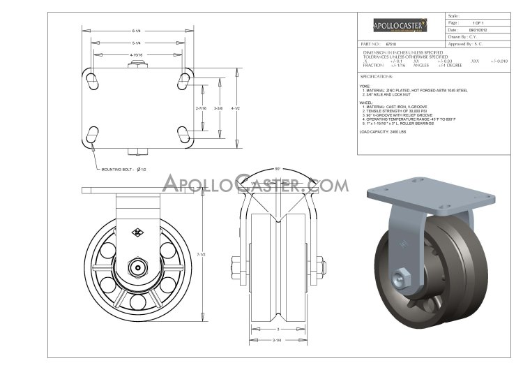(image for) Caster; Rigid; 6" x 3"; V-Groove (1-3/8) Cast Iron; Plate (4-1/2"x6-1/4"; holes: 2-7/16"x4-15/16" slotted to 3-3/8"x5-1/4"; 1/2" bolt); Zinc; Roller Brng; 2400# (Item #66465)