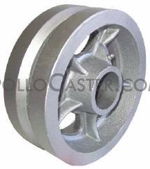 (image for) Caster; Swivel; 4" x 2"; V-Groove (7/8) Ductile Steel; Plate (4"x4-1/2"; holes: 2-5/8"x3-5/8" slots to 3"x3"; 3/8" bolt); Zinc; Roller Brng; 1250# (Item #63998)