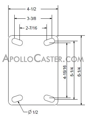 (image for) Caster; Rigid; 6" x 2"; PolyU on Cast (Color Varies); Plate (4-1/2"x6-1/4"; holes: 2-7/16"x4-15/16" slotted to 3-3/8"x5-1/4"; 1/2" bolt); Roller Bearing; 1200# (Item #64515)
