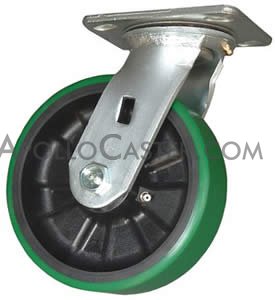 (image for) Caster; Swivel; 5" x 2"; PolyU on GF Nylon (Red or Green); Plate (4"x4-1/2"; holes: 2-5/8"x3-5/8" slotted to 3"x3"; 3/8" bolt); Zinc; Roller Brng; 1000# (Item #66367)