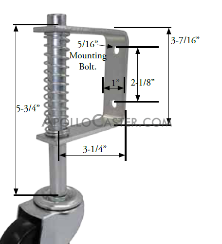 (image for) Gate Caster Bracket (1"x3-7/16"; Holes 2-1/8" apart); Accepts 7/16" Grip Riing stem caster (max 4" wheel); 30# to full spring deflection. 2" spring movement. (Item #88511)
