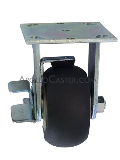 (image for) Caster; Rigid; 4" x 2"; ThermoPlstc Rbr; Round; Plate; 4"x4-1/2"; holes: 2-5/8"x3-5/8" (slotted to 3"x3"); 3/8" bolt; Zinc; Roller Brng; 300#; Top lock brk (Item #69218)