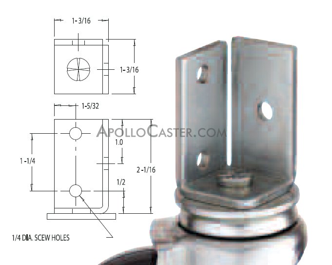 (image for) Caster; Swivel; 5" x 1"; Rubber (Soft; non-marking); Angle Iron Bracket (1-3/16"x2-1/16"; 3 holes; 1/4" bolt); Zinc; Plain bore; 125#; Wheel Brake (Item #64898)