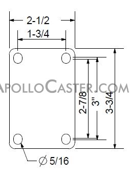 (image for) Caster; Swivel; 5" x 1-1/4"; PolyU on PolyO (Black); Plate; 2-1/2"x3-3/4"; holes: 1-3/4x2-7/8 (slots to 3"); 5/16 bolt; Ball Brng; 250#; Brake; Bearing Cvr (Item #67405)