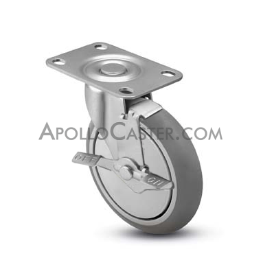 (image for) Caster; Swivel; 5 x 15/16; Gray Rubber (Donut); Plate (2-5/8x3-3/4; holes: 1-3/4x2-3/4 slotted to 3; 5/16 bolt); Plain bore; 160#; Thread guards; Tread Brake (Item #66496)