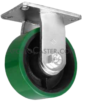 (image for) Caster; Rigid; 6" x 3"; PolyU on Cast Iron (Green); Plate; 5-1/4"x7-1/4"; holes: 3-3/8"x5-1/4" (slots to 4-1/8"x6-1/8"); 1/2" bolt; Zinc; Roller Bearing; 2000# (Item #68455)