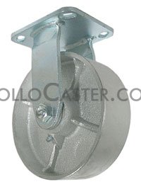 (image for) Caster; Rigid; 6" x 2"; Cast Iron; Plate; 4"x4-1/2"; holes: 2-5/8"x3-5/8" (slotted to 3"x3"); 3/8" bolt; Zinc; Roller Brng; 1200# (Item #68470)
