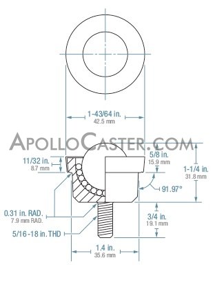 (image for) Ball Transfer; 1" Nylon ball; Round Machined base with Threaded Stud; 5/16"-18TPI x 3/4"; Carbon steel housing; 1-11/16" O.D.; 200#; 5/8" load height (Item #88834) - Click Image to Close