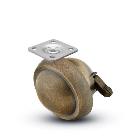 Caster; Ball; Swivel; 2-1/2"; Metal/ Zinc; Plate; 1-1/2"x1-1/2"; holes: 1"x1"; 3/16" bolt; Antique; Acetyl/ Resin Brng; 100#; Pedal Lock; Wheel (Item #68521)